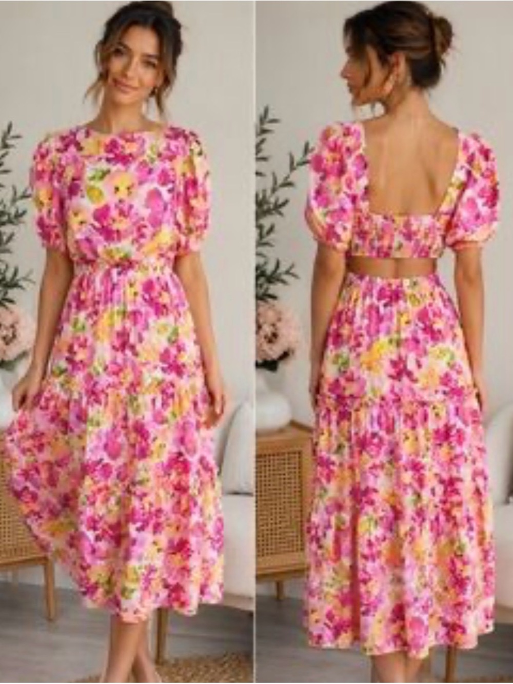 Adelyn Rae Pink Floral Puff-Sleeve Midi Dress